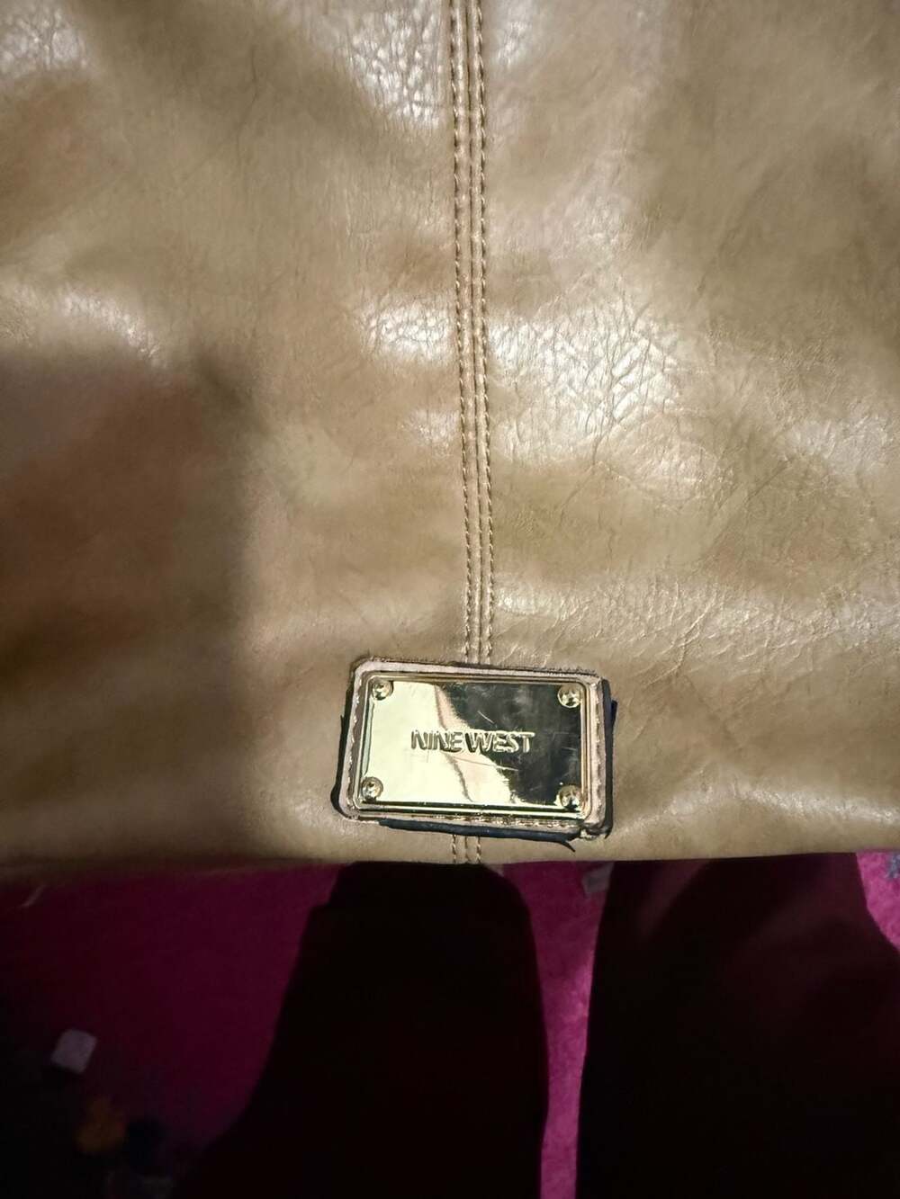 Nine West Faux Leather Beige Shoulder Bag with Gold Tone Logo Plaque